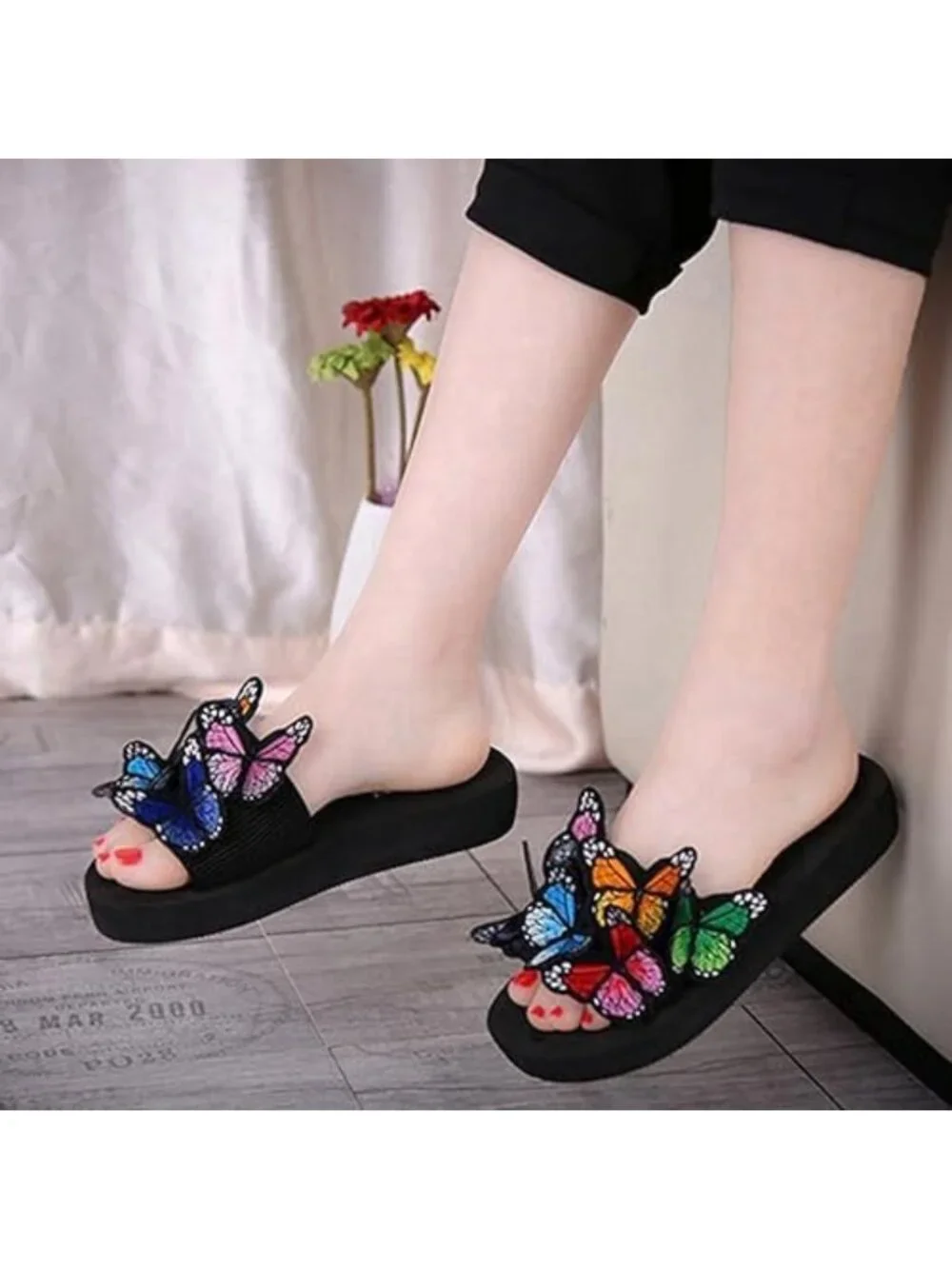 Comfy Summer Flat Slide Sandals for Women - Butterfly Platform, Low Heel